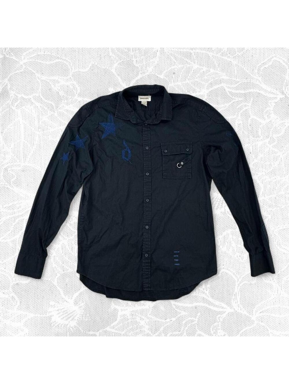 Diesel Vintage Black Long Sleeve Button-Up with Blue Embroidered Stitching - L